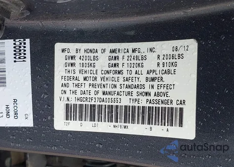 2013 Honda Accord Lx z USA, uszkodzony, nr VIN 1HGCR2F37DA005553